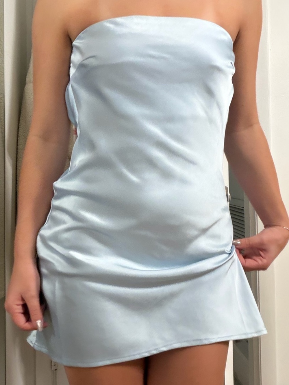 satin blue strapless mini dress